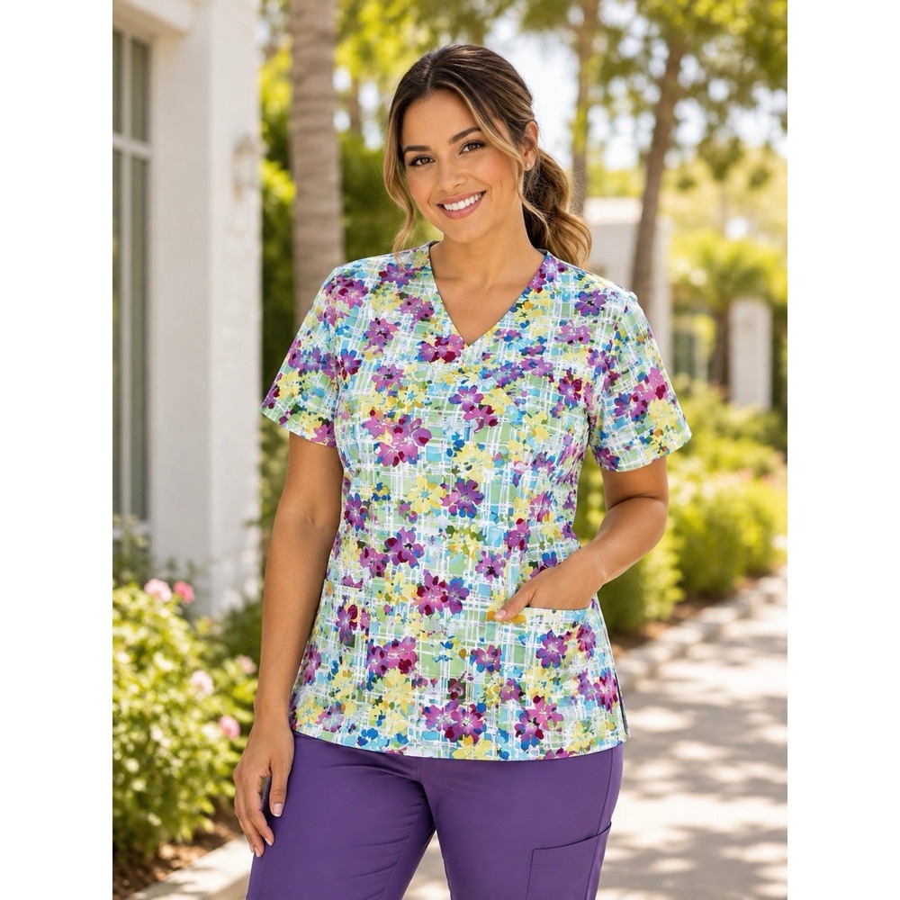Flex Stretch Floral Mock Wrap Scrub Top Violet Plaid Medical Uniform Med NEW